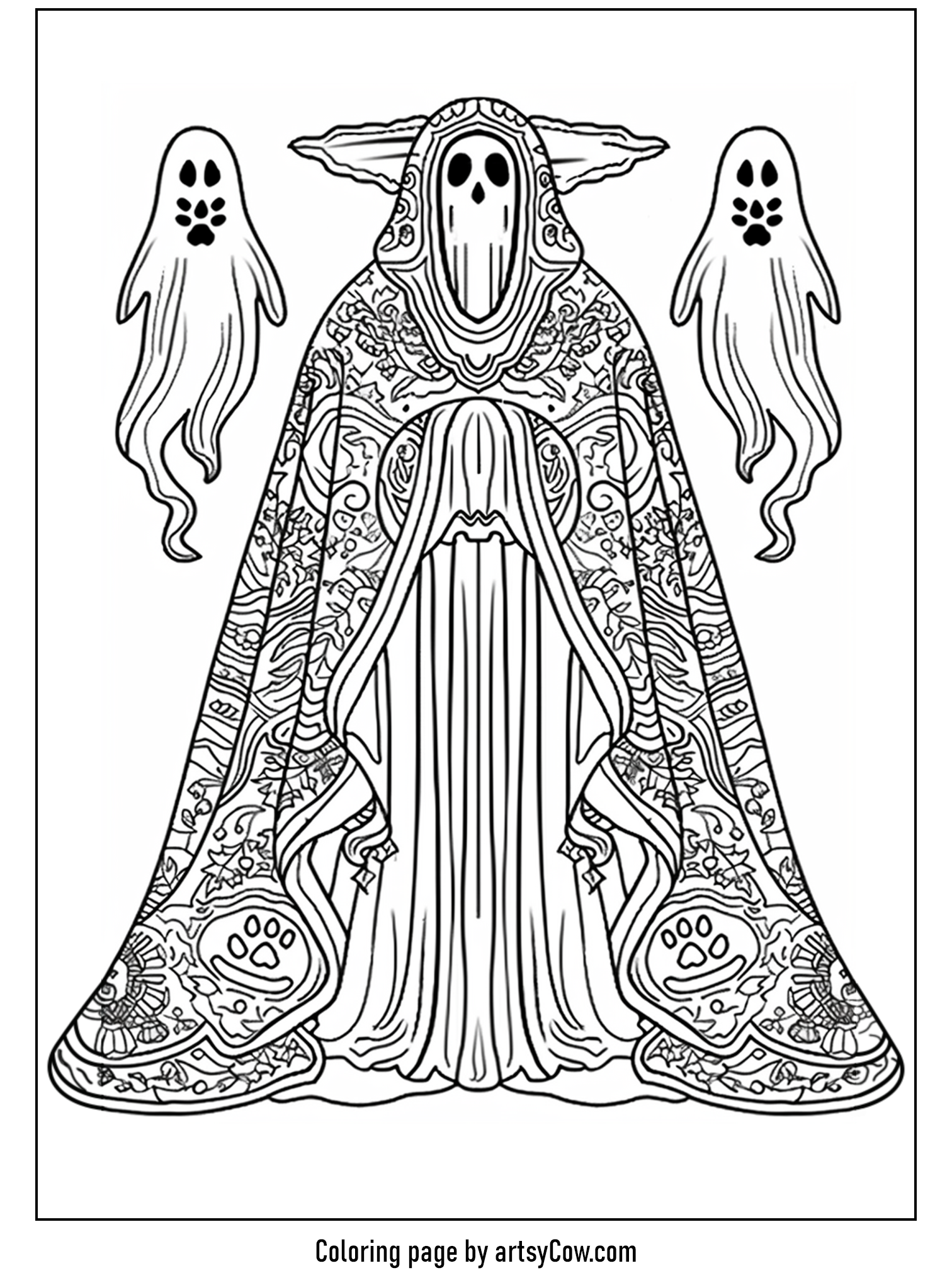 halloween ghost mandala, featuring a large central ghost surrounded by smaller spirits and intricate mandala designs.